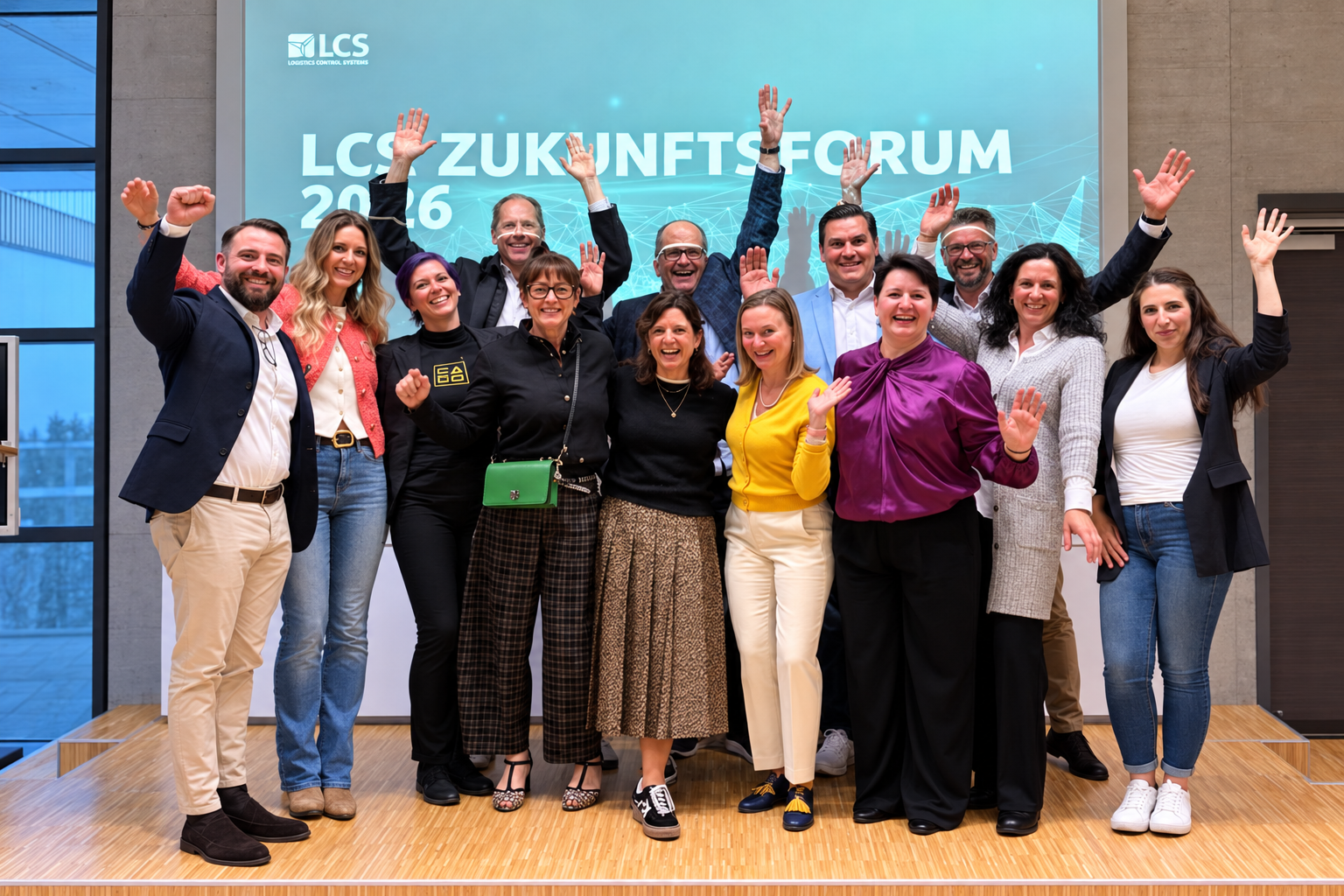 Gruppenfoto beim LCS-Zukunftsforum 2026 vor der Leinwand im Technologiezentrum Augsburg
